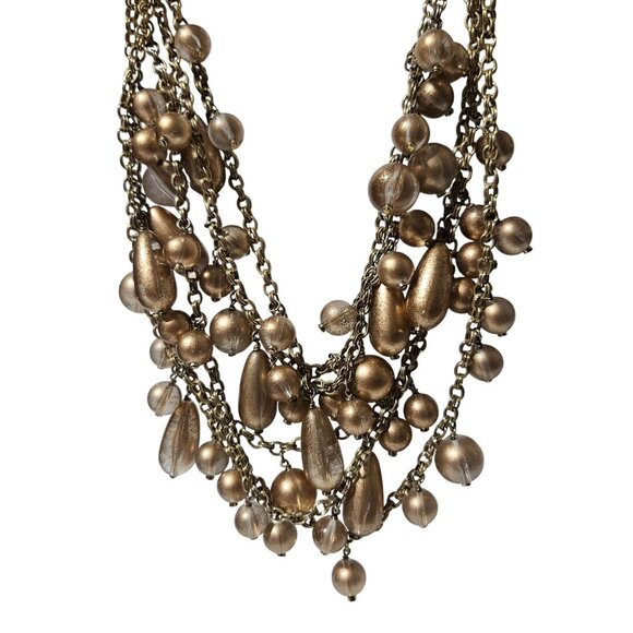 Vintage Gold Beaded Chunky Necklace Multi Strand Large Pearlescent Beads Women - Picture 1 of 6